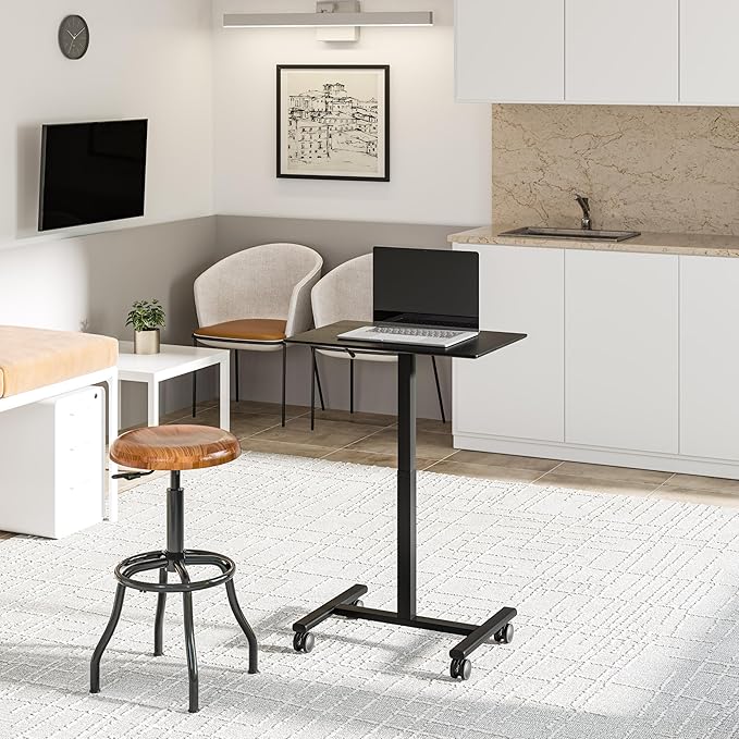 Seville Classics Airlift Height Adjustable Pneumatic Laptop Sit Stand Desk Mobile Rolling Cart, Computer Workstation for Home Office, Classroom, Black, 25.6" Desktop