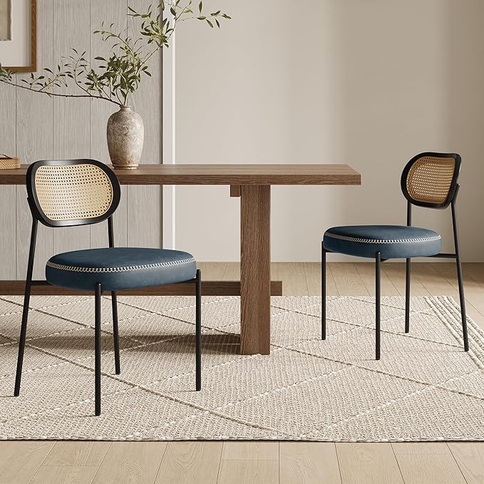 Rattan Dining Chairs Set of 6, Blue Leather Upholstered Dining Chairs with Rattan Cane Back, Mid Century Modern Dining Room Chairs with Black Metal Legs & D-Shaped Thicken Cushion, Blue