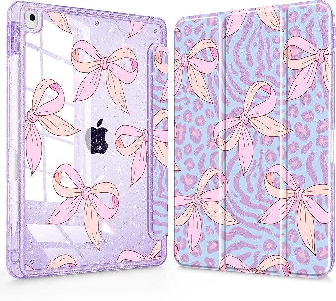 Case for iPad 9th/ 8th/ 7th Generation 10.2-Inch Case(2021/2020/2019 Release) Glitter Tablet Cases with Transparent Acrylic Back+Trifold Stand+Pencil Holder+Auto Wake/Sleep Bows-Stripe