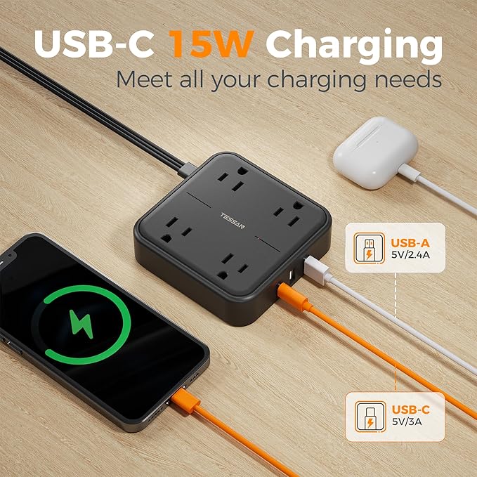 Surge Protector Flat Extension Cord 5FT, TESSAN Flat Plug Power Strip with 4 Outlets 3 USB C Ports (1 USB C), 900 Joules Protection, Multiple Wall Outlet Extender Suitable for Home Office Dorm, Black