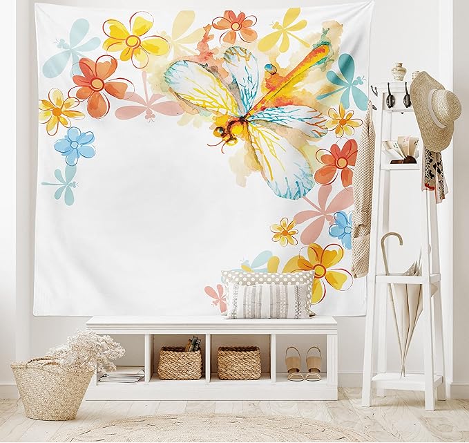 Ambesonne Dragonfly Tapestry, Abstract Grunge Vintage Design Moth Spring Flowers Floral Frame Art Print, Wide Wall Hanging for Bedroom Living Room Dorm, 60" X 40", Yellow Orange