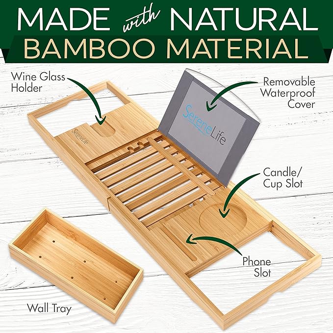 SereneLife Luxury Bamboo Bathtub Caddy Tray - Adjustable Natural Wood Bath Tub Organizer with Wine Holder, Cup Placement, Soap Dish, Book Space & Phone Slot for Spa, Bathroom & Shower - SLBCAD20
