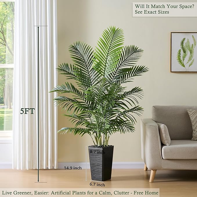 Artificial Palm Tree：5FT Tropical Fake Silk Plant UV Resistant Faux Areca Palm with White Planter & Black Pebbles for Home Office Living Room Decor Indoor Patio Porch Balcony (5FT,1-Pack,Black)
