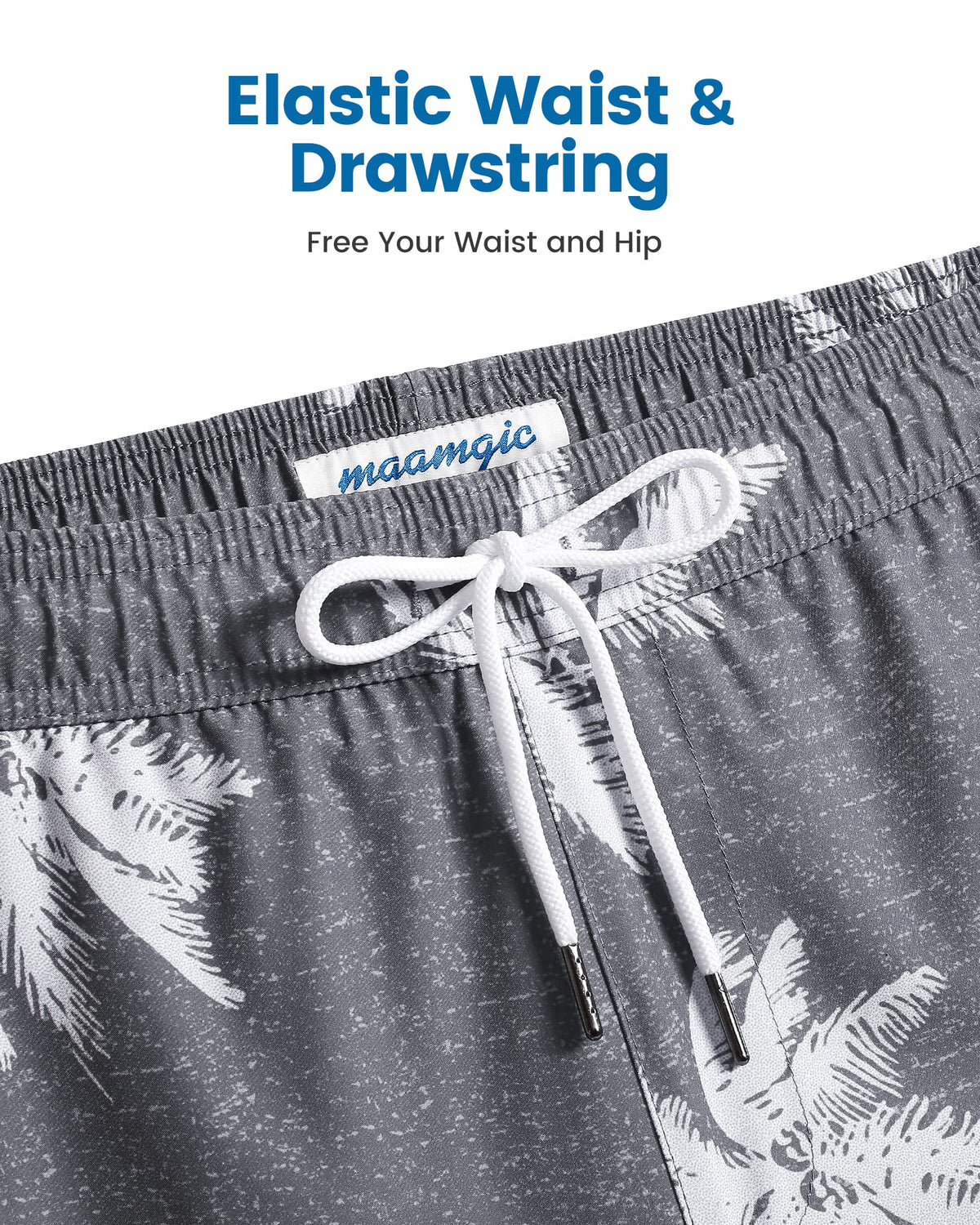 maamgic Mens Swim Trunks with Compression Liner 5 Inch, Quick Dry Bathing Suit with Zipper Pockets, Stretch No-Chafing Swim Shorts, Gray-Palm Tree XX-Large