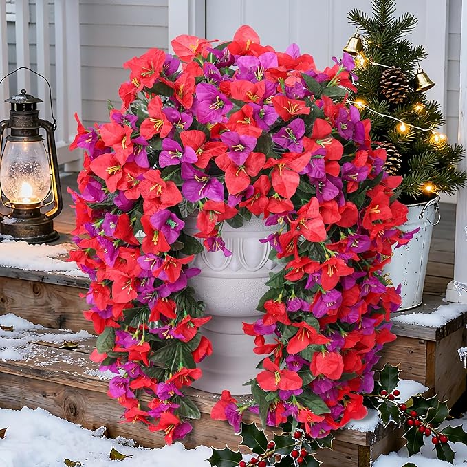 Faux Bougainvillea Artificial Flowers Plants for Outdoors Outside Decoration, 2pcs Fake Flowers Silk Long Trailing Vines UV Resistant Realistic for Front Door Porch Planter Urn Patio Balcony Yard, Mix