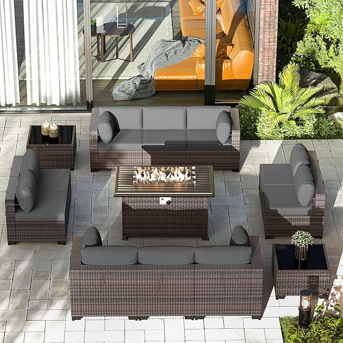 Gotland 13 Pieces Patio Furniture Set with Fire Pit Table, All Weather PE Rattan Outdoor Furniture with 29.5'' High Backrest 4’’ Thick Cushions Coffee Table, Patio Conversation Set for Deck, Gray
