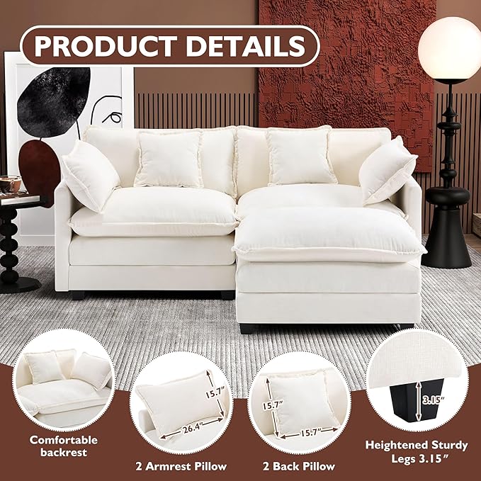 Ihanherry 77" L Shaped Modern Sofa Modular Sectional Cloud Couch with Ottoman, 3-Seat Chenille Deep Seat Sofa with Pillow for Living Room, Bedroom and Apartment, Beige