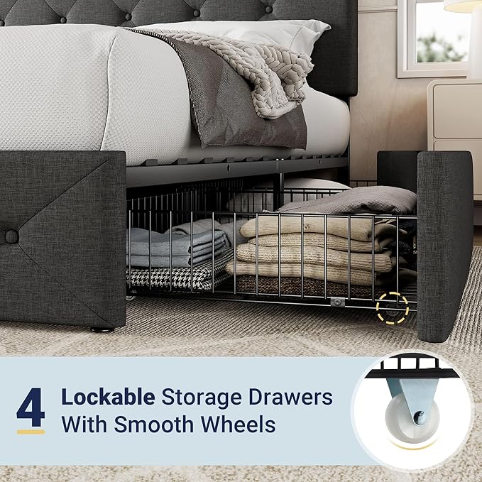 Allewie Upholstered King Size Platform Bed Frame with 4 Storage Drawers and Headboard, Diamond Stitched Button Tufted, Mattress Foundation with Wooden Slats Support, No Box Spring Needed, Dark Grey