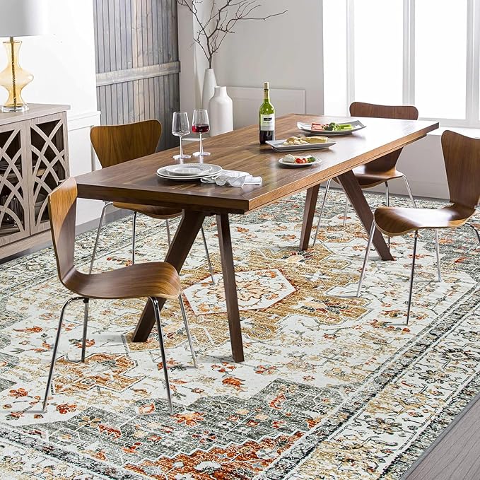 Moynesa Living Room Area Rug 9x12, Ultra-Thin Washable Large Rugs for Bedroom Under Dining Room Table, Vintage Oriental Medallion Printed Low Pile Carpet for Office Playroom Dorm, Beige/Gold