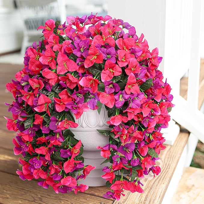 Faux Bougainvillea Artificial Flowers Plants for Outdoors Outside Decoration, 2pcs Fake Flowers Silk Long Trailing Vines UV Resistant Realistic for Front Door Porch Planter Urn Patio Balcony Yard, Mix