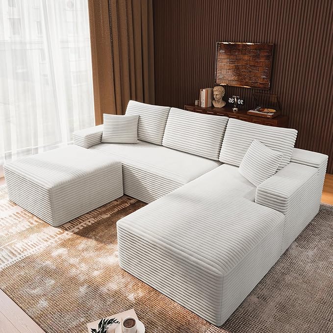 3-Piece Boneless Modular Sectional Sofa, Cloud Couch, Right Facing Chaise with Ottoman, Oversized Deep Seat, Soft Corduroy Fabric, Sectional Couch for Living Room-White