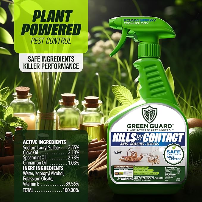 Green Guard Pest Control Spray - Indoor & Outdoor Killer of Ants, Roaches, Spiders & Other Crawling Insects, Safe Around Children & Pets, Plant-Based, Pleasant Scent (Cinnamon Might, 16oz)