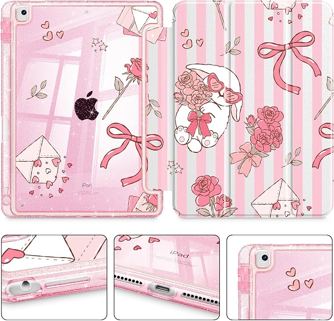 Case for iPad 9th/ 8th/ 7th Generation 10.2-Inch Case(2021/2020/2019 Release) Glitter Tablet Cases with Transparent Acrylic Back+Trifold Stand+Pencil Holder+Auto Wake/Sleep Bows-Stripe