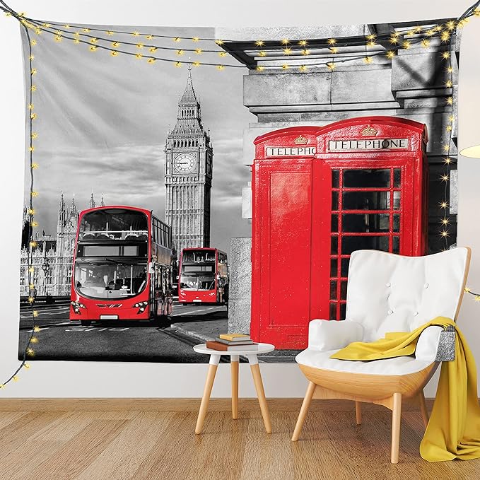 Ambesonne London Tapestry, London Telephone Booth in the Street Traditional Local Cultural England UK Retro, Wall Hanging for Bedroom Living Room Dorm Decor, 60" X 80", Red Grey