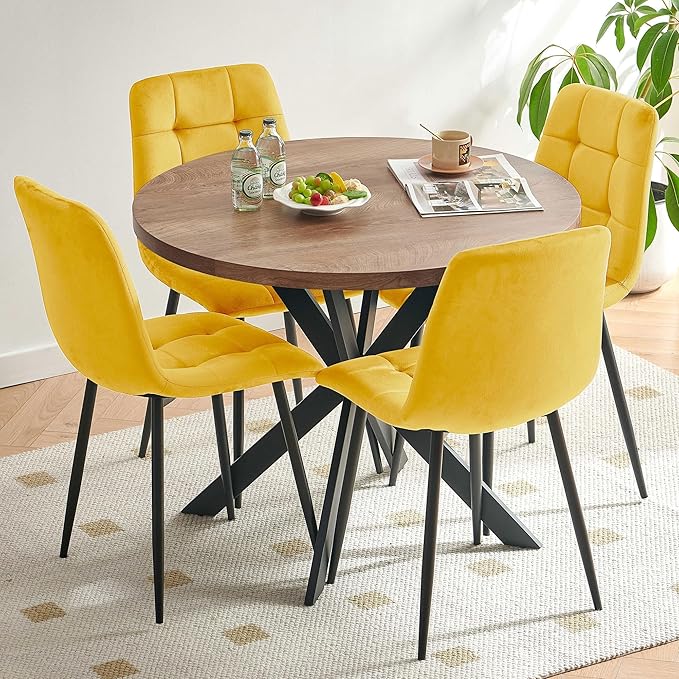 5-Piece Round Dining Table Set - Kitchen Table Chairs Set of 4 with Yellow Velvet Upholstered Chairs -Dining Table Set for 4