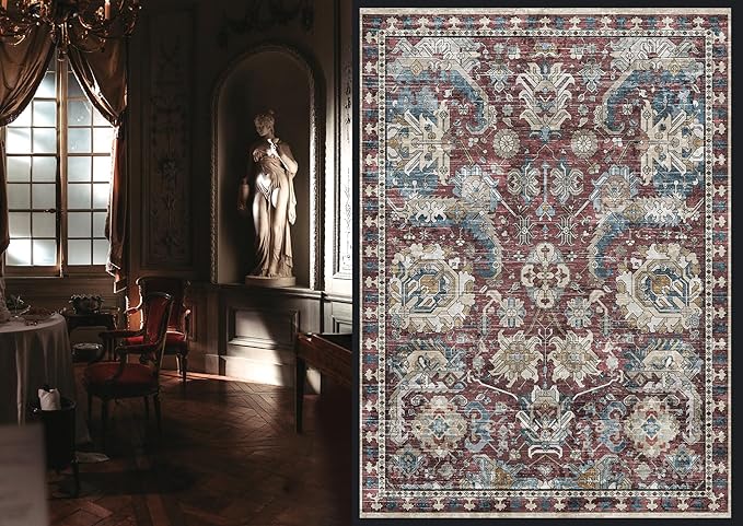 RUGSURE Washable Area Rugs - Perfect for Living Room, Bedroom, Kids Room, Nursery - Stain & Water Resistant Non-Slip, Pet & Child Friendly, Vintage Tribal Area Rugs (Rust and Blue, 5' x 7')