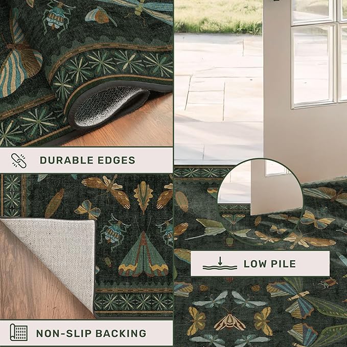 Black and Green Rug 5x8 for Living Room - Dark Moody Rugs for Dining Room Table, Playroom, Home Office, Insect Floral Moth Décor, Washable Non Skid Foldable