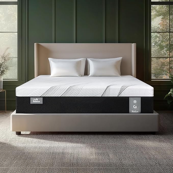 Life Balance Hybrid King Mattress 12 Inch, Made in USA, Medium Firm, Copper Gel Memory Foam， Hypoallergenic & Odorless, Motion Isolation & Pressure Relief, Mattress in a Box, CertiPUR-US Certified