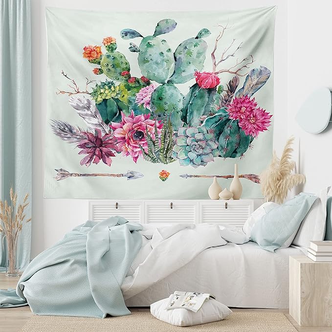 Ambesonne Cactus Tapestry, Spring Garden Boho Style Bouquet of Thorny Plants Blossoms Arrows Feathers, Wide Wall Hanging for Bedroom Living Room Dorm, 60" X 40", Rose Green Brown