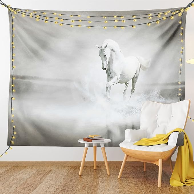 Ambesonne Horses Tapestry Twin Size, Wild Horse Running Through Water Dramatic for the Motivation of Life Art, Wall Hanging Bedspread Bed Cover Wall Decor, 68" X 88", Black and White