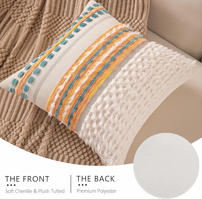 KOOLIFE Fall Boho Chenille Tufted Couch Throw Pillow Covers 18x18 Inch Set of 2 Farmhouse Striped Decorative Pillow Covers Accent Neutral Pillowcase Yellow Teal Cushion Cover for Living Room Sofa Bed
