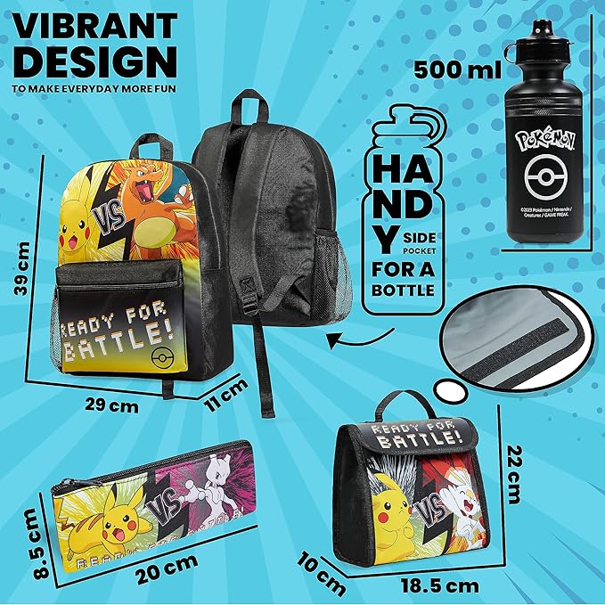 Pokemon Backpack Set 4 Pcs for Kids with Backpack Water Bottle Pencil Case and Insulated Lunch Bag or Wallet Anime School Supplies Gifts for Kids (Black/Yellow 4 Pcs Set)