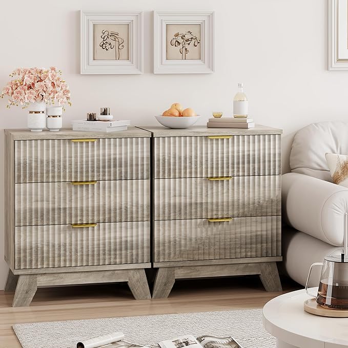 Fluted Nightstand, 24" Wide Side Table with 3 Large Storage Drawers, Mid Century Modern Wood Night Stand with Metal Handle, Wooden Bedside End Table for Bedroom, Living Room, Closet, Grey