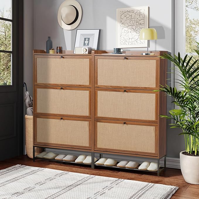 LEVNARY Shoe Cabinet for Entryway, Slim Shoe Cabinet with 3 Flip Drawers Narrow Shoe Storage Cabinet, 4 Tier Freestanding Shoe Organizer for Entryway, Hallway (2, Walnut)