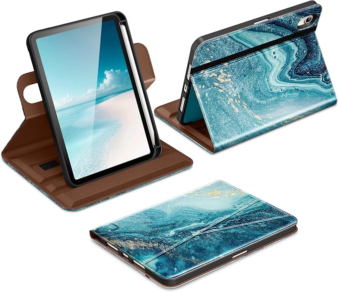 DTTO for iPad mini 7 A17 Pro 2024 aslo fit iPad mini 6 2021 Brown | 360 Degree Rotating Premium Faux Leather Folio Stand Cover with Pencil Holder Auto Sleep/Wake Multiple Angles Hand Strap