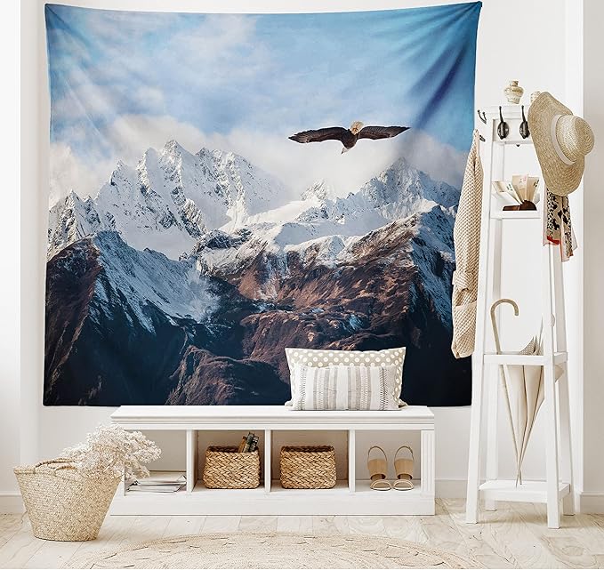 Ambesonne Mountain Tapestry King Size, Frozen Peaks Tops of the Mountain with a Flying Eagle Free in Nature Photo, Wall Hanging Bedspread Bed Cover Wall Decor, 104" X 88", Brown White Blue