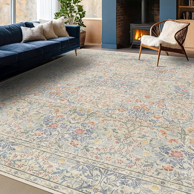 Vintage Washable Beige Blue 10x12 Rug for Living Room - Extra Large Area Rug for Dining Room Under Table, Bedroom - Botanical Floral Design with Purple Accent, Non-Slip Lightweight Soft Low Pile
