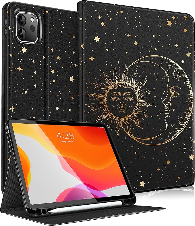Uppuppy for iPad Pro 12.9 Case Kids Folio PU Leather Cover with Apple Pencil Holder Auto Sleep/Wake Adjustable Angles for iPad Pro 12.9 6th/5th/4th/3rd Gen Sun Moon Black