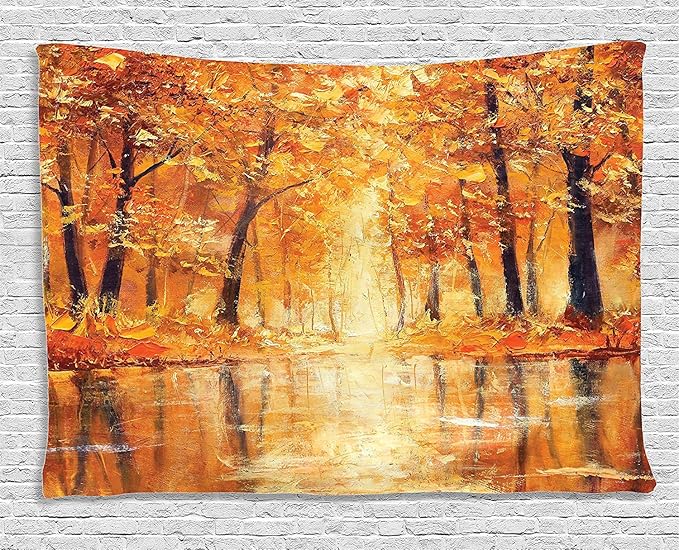 Ambesonne Country Tapestry, Painting of a Forest by the Small Lake in Autumn Pale Fall Trees and Leaves Art, Wide Wall Hanging for Bedroom Living Room Dorm, 80" X 60", Brown Orange