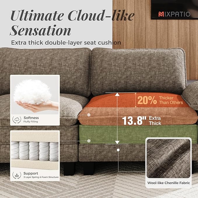 L-Shaped Cloud Modular Sofa Set, Deep Seat 2-Piece 4-Seater Sectional Couch & Removable Arms, Plush Chenille for Living Room - Smoky Gray