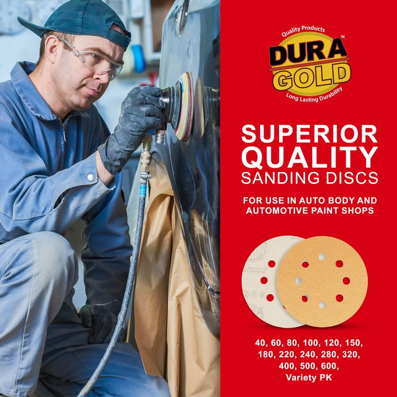 Dura-Gold Premium - Variety Pack - 5" Gold Sanding Discs - 8-Hole Dustless Hook and Loop - 10 Each of Grit (60, 80, 120, 220, 320) - Box of 50 Sandpaper Finishing Discs for Woodworking or Automotive