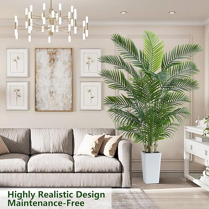 Artificial Palm Tree 6FT - Tall Fake Tree with White Taper Planter & Pebbles, UV Resistant for Indoor & Outdoor, Large Potted Faux Plant, Tropical Areca Floor Plant for Living Room, Office, Home Decor