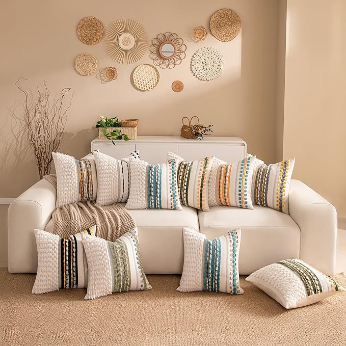 KOOLIFE Boho Chenille Tufted Couch Throw Pillow Covers 18x18 Inch Set of 2 Farmhouse Striped Decorative Pillow Covers Accent Neutral Pillowcase Grey Yellow Cushion Cover for Living Room Sofa Bed