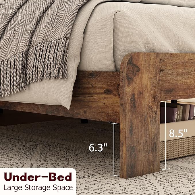 King Size Bed Frame with Wooden Headboard and Footboard, Rustic Platform Bedframe, Wood Slats Support, No Box Spring Needed, Under Bed Storage, Easy Assembly, Brown