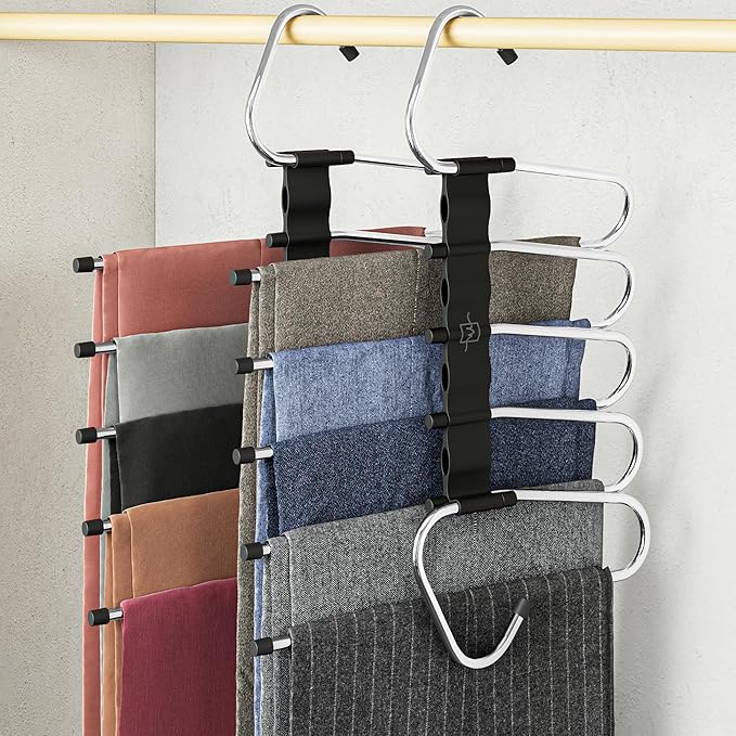 MORALVE Pants Hangers Space Saving - 2 Pack - Non-Slip Multi-Layer Space Saving Hangers - Multifunctional Clothing Rack for Closet Storage - Ideal for Jeans, Trousers, Skirts, Scarves & Slacks (Black)