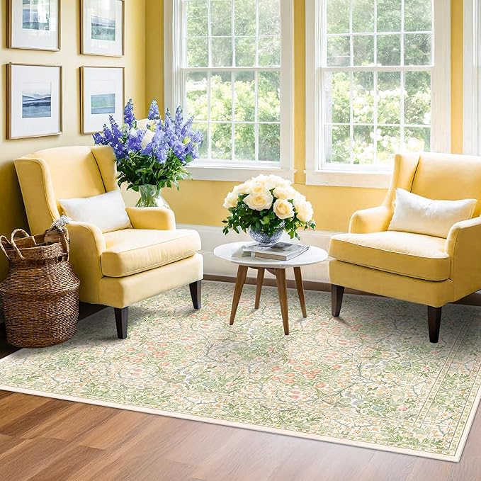 Beige Green 4x6 Washable Area Rug for Living Room, Large Entryway, Nursery, Bedroom, Kitchen, Ultra Soft Non Slip Stain Resistance, Floral Distressed Aethestic Design