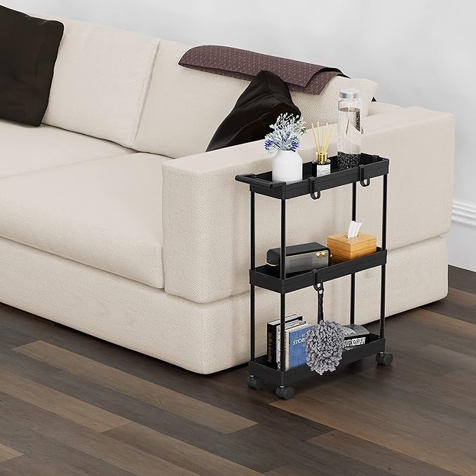 Simple Houseware 3-Tier Slim/Narrow Storage Cart with Handle, 5.5'' Wide x 26.5'' Height Rolling Organizer for Kitchen, Bathroom, Laundry Room - Black