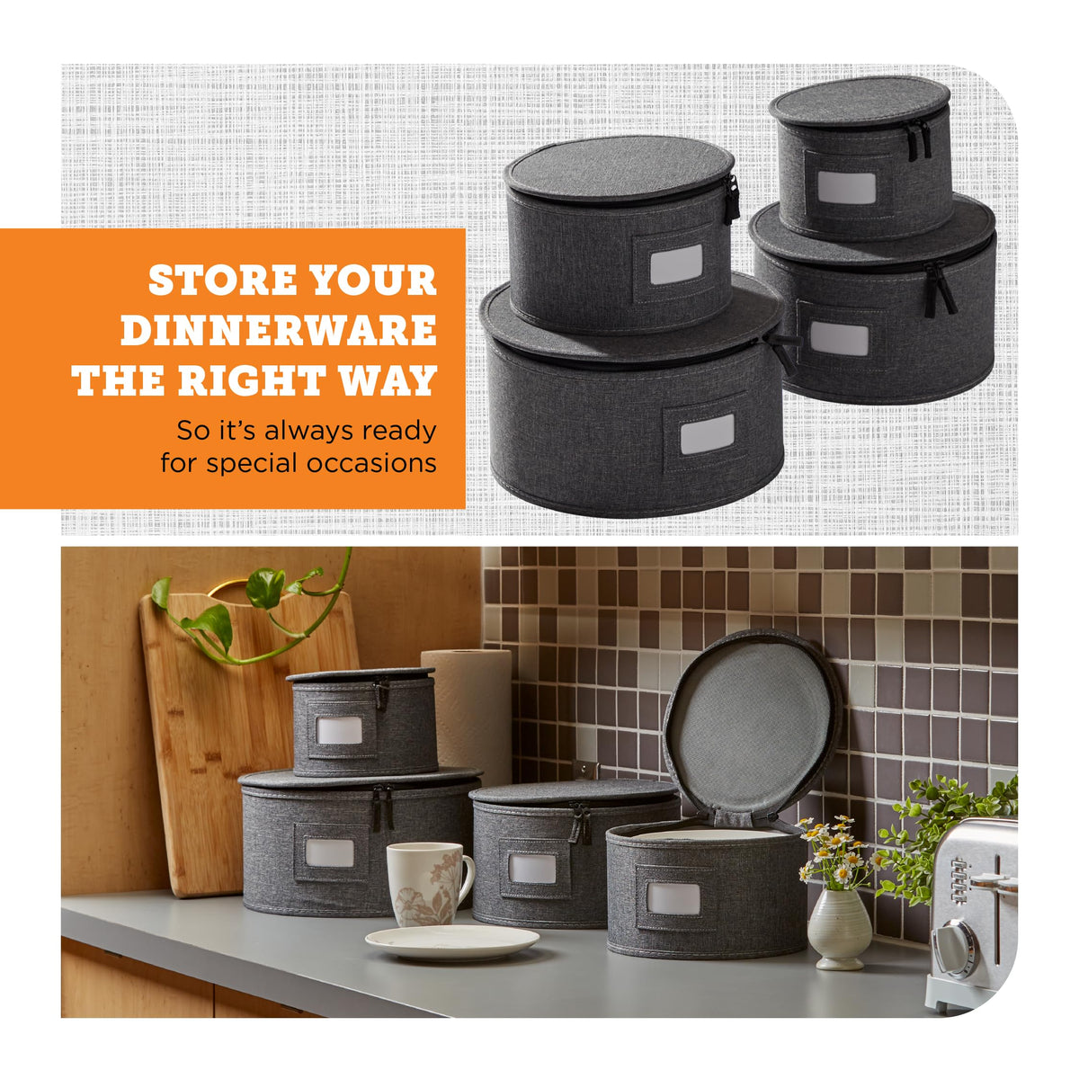 storageLAB China Storage Containers, Hard Shell Case with Felt Dividers for Charger Plates, and Dishes, Ideal for Kitchen Organization, Moving Supplies, and Fine China Storage - 4-Piece Set, Gray