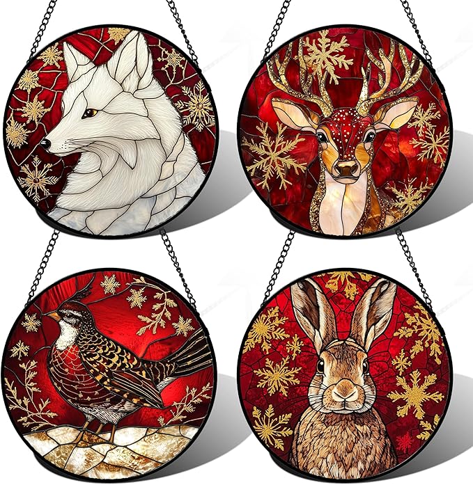 Stained Glass Window Hanging 4 Pcs Set Red Golden Snowflakes Large 15" - Christmas Elk Rabbit Suncatcher Door Garden Sun Catcher Decor Birthday for Mom Woman Nana Men