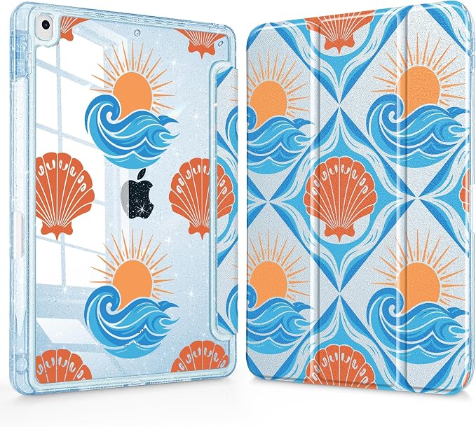 Mektron Sparkly Case for iPad 10.2 inch Glitter Tablet Cases for iPad 9th Gen 2021/8th Gen 2020/7th Gen 2019 Cover with Shiny Clear Back Shell Foldable Bling Smart Cover Blue Floral