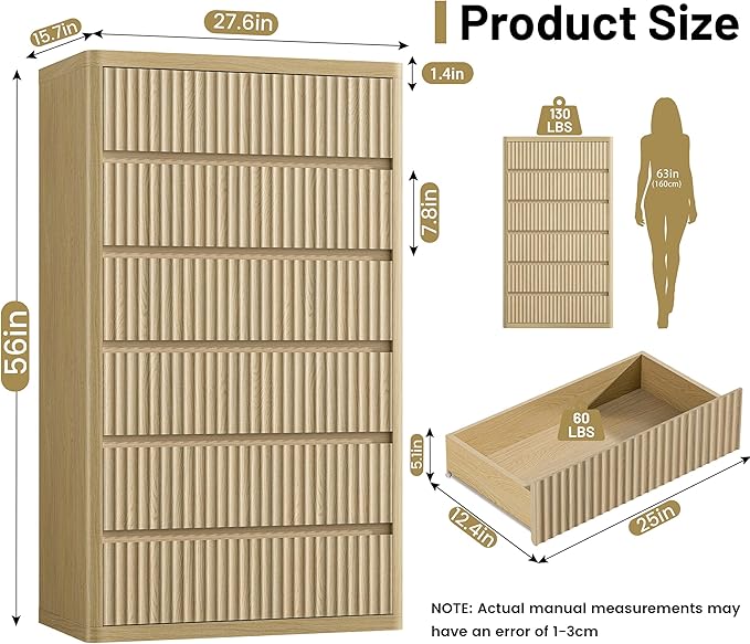 Fluted 6 Drawers Dresser for Bedroom, 56" Tall Modern Chest of Drawers with Curved Profile, Wooden Dressers Drawer Closet Clothes Storage Organizer for Living Room, Hallway, Natural