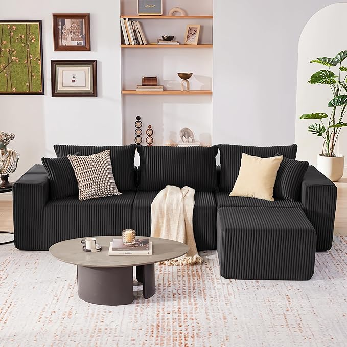 107.4" Cloud Couch Sectional, Modular Sofa with Deep Seat, Plush Corduroy L Shaped Boneless Couch, Convertible Sectional Couches for Living Room, 4Seat, Black