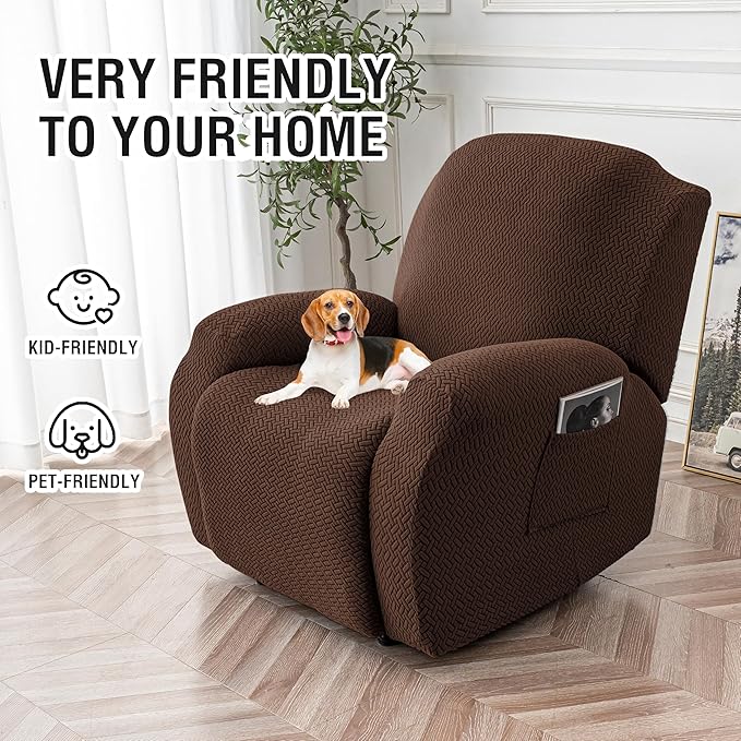 Genina Recliner Chair Covers, Stretch Reclining Chair Cover, Recliner Sofa Slipcovers Stripe Jacquard Lazy Couch Covers Furniture Protector Covers for Pet Kid (Chocolate, 1 Seat)
