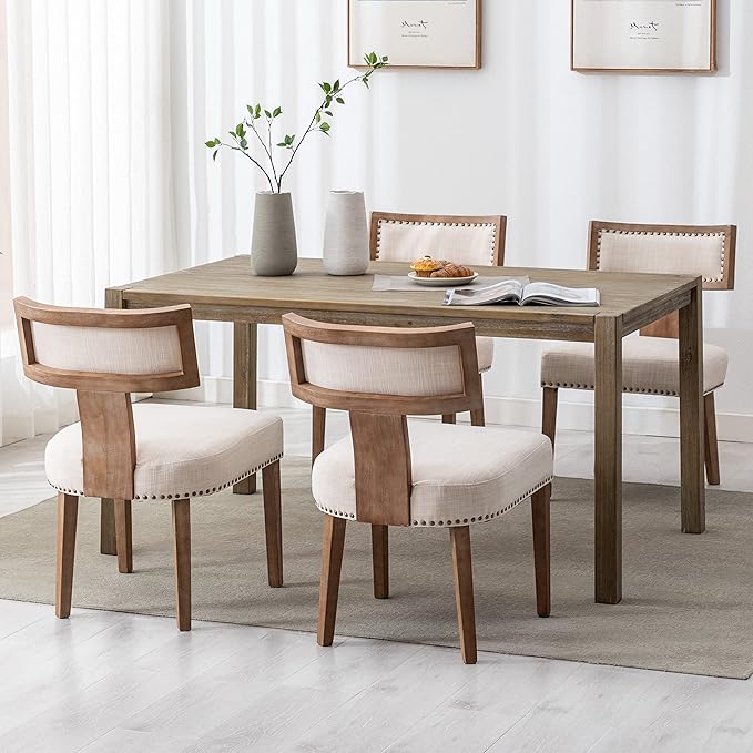 Mid Century Modern Dining Chairs Set of 2 Linen Fabric Upholstered Kitchen Side Chairs with Nailhead Trim, Modern Kitchen Armless Solid Wood Dining Chairs, Beige