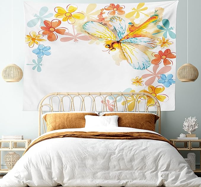 Ambesonne Dragonfly Tapestry, Abstract Grunge Vintage Design Moth Spring Flowers Floral Frame Art Print, Wide Wall Hanging for Bedroom Living Room Dorm, 60" X 40", Yellow Orange