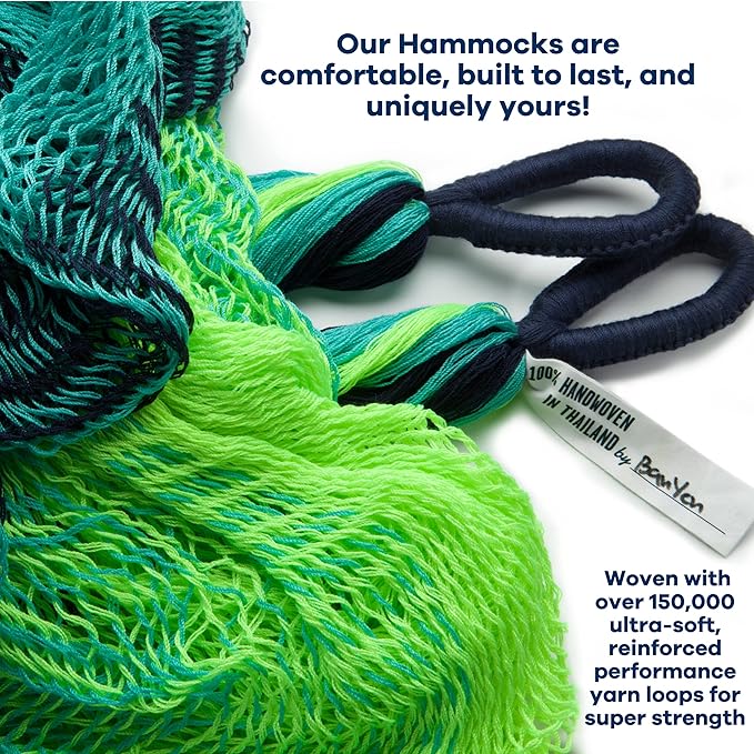 Handwoven Hammock by Yellow Leaf Hammocks - Family Size, Fits 2+ PPL, 550lb max - Weathersafe, Super Strong, Easy to Hang, Ultra Soft, Artisan Made - Color: Neon - Blue - Turquoise